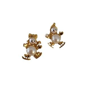 Avon Pin Set Snowman Girl Boy Faux Pearl Brooch Christmas Holiday Vintage Winter